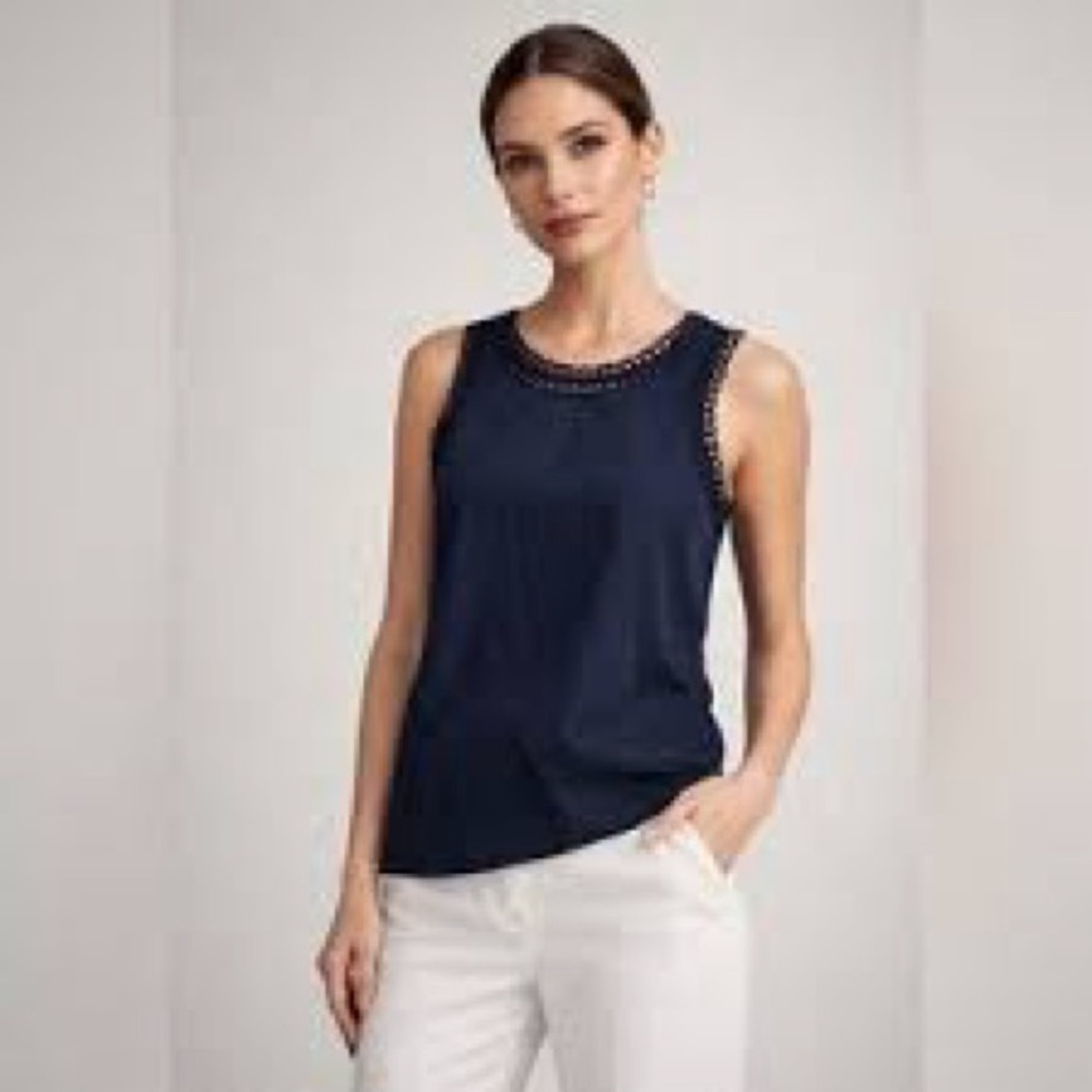 Cinq À Sept Ellina Navy 100% Silk Top Crochet Trim Details Business Dressy Small - Picture 2 of 8